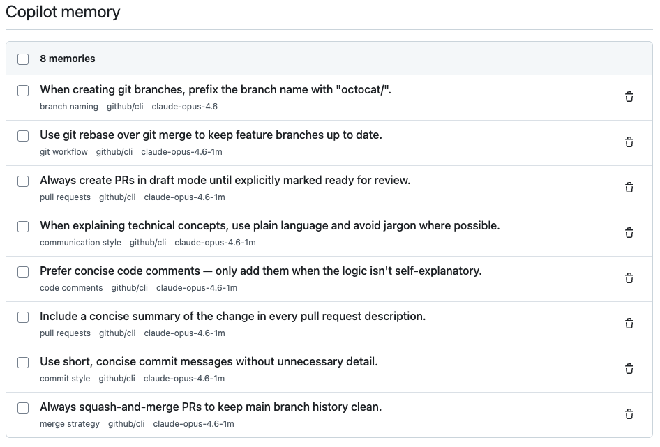 Screenshot of the "Copilot Memory" list showing an example set of user-level preferences.