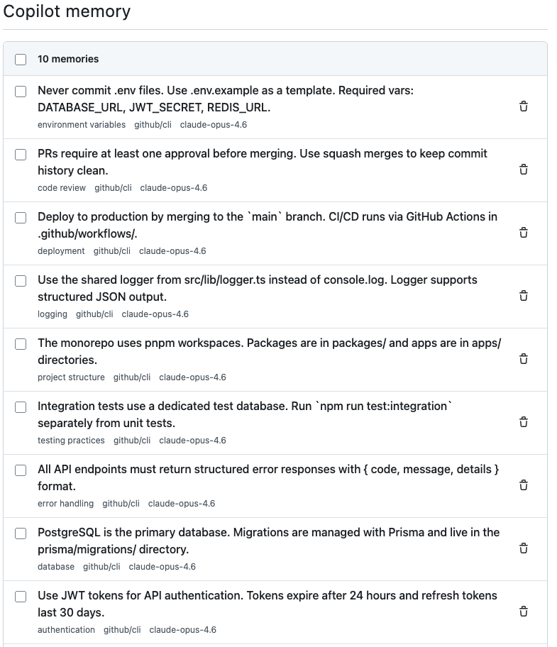 Screenshot of the "Copilot Memory" list showing an example set of repository-level facts.