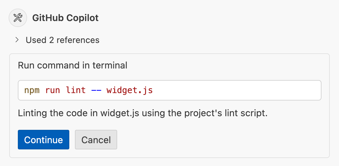Screenshot of the Copilot Chat pane in VS Code. Copilot asks the user for permission to run a linting command.