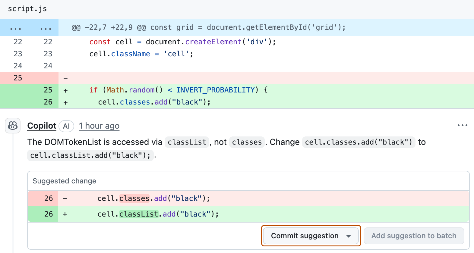 Captura de tela de uma alteração sugerida pelo GitHub Copilot. O botão "Commit suggestion" está destacado com um contorno laranja.
