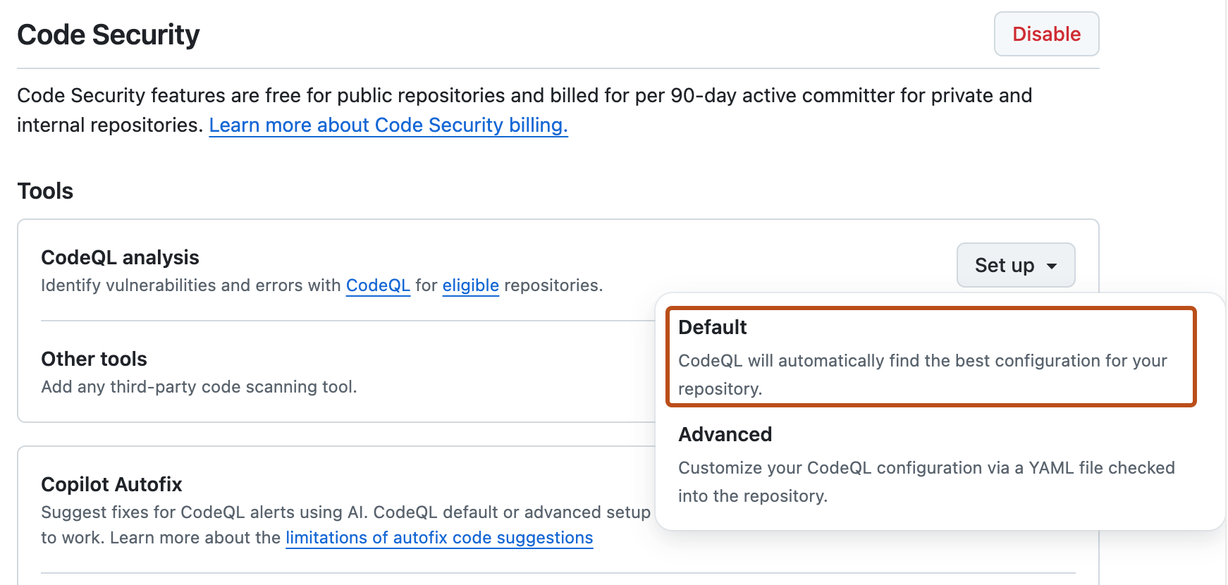 Screenshot of the "Code scanning" section of "Code security and analysis" settings. The "Default setup" button is highlighted with an orange outline.
