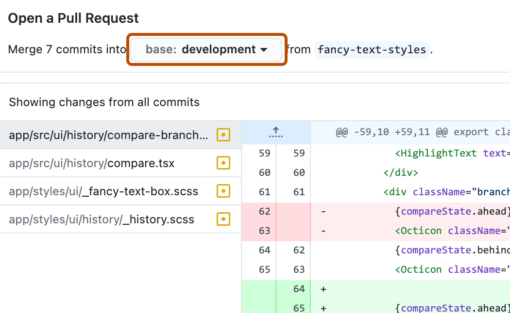 “Open a Pull Request”对话框的屏幕截图。 带有下拉图标(标有“基础: 开发”)的按钮以橙色框出。