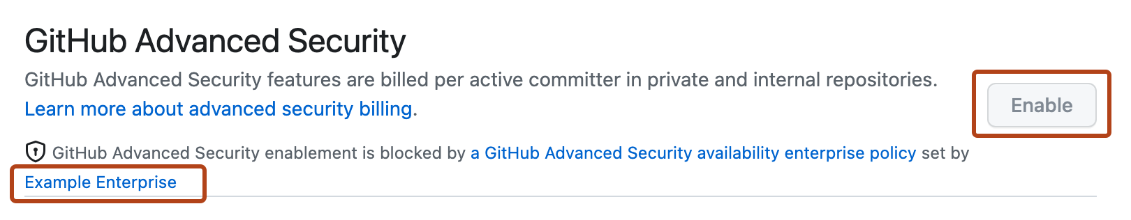 Screenshot der Advanced Security-Einstellung. Die Person, die die Unternehmensrichtlinie besitzt, und die inaktive Schaltfläche „Enable“ sind dunkelorange hervorgehoben.