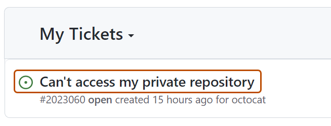Capture d’écran montrant une liste des tickets de support. L’objet d’un ticket, « Impossible d’accéder à mon dépôt privé », est mis en surbrillance en orange.